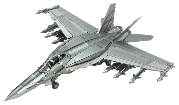 A detailed metal model of the 18 Super Hornet aircraft, showcasing its sleek design, wings, and missile attachments. Perfect for DIY enthusiasts and aviation lovers.