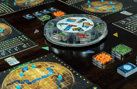 Planet Unknown is an engaging board game by ADAM'S APPLE GAMES featuring vibrant game pieces, multiple player boards, and a central game tray. It includes colorful resource tokens and strategy elements focused on planet exploration.