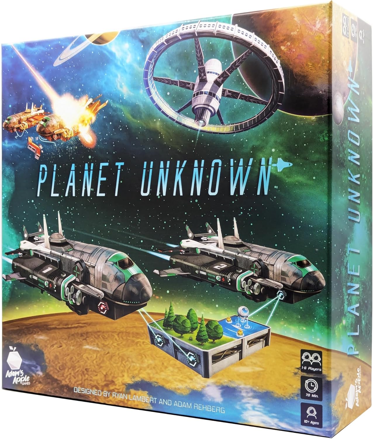 Planet Unknown board game box featuring vibrant artwork of spaceships and a futuristic landscape. The design showcases various elements like a spinning space station and planets in the background, emphasizing its engaging sci-fi theme.