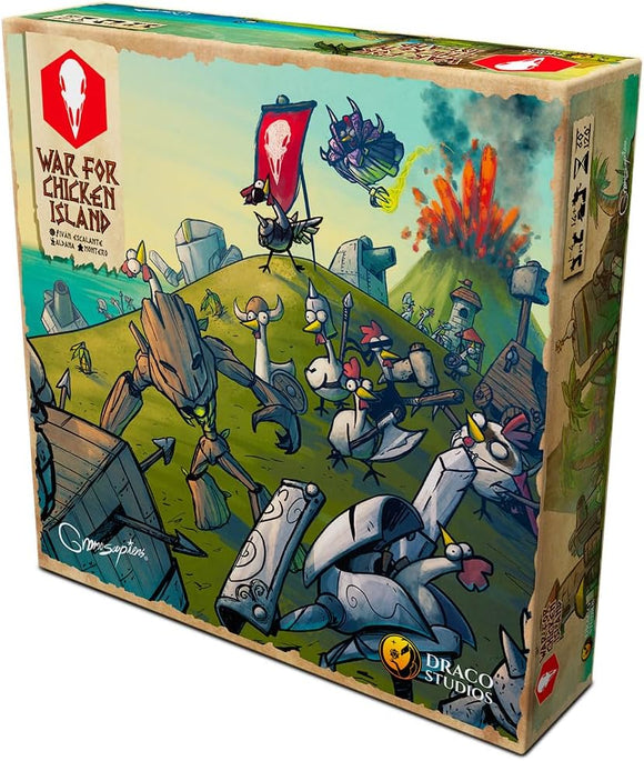 The game 'War for Chicken Island' by DRACO STUDIO features a vibrant box design depicting an animated battlefield with chickens and fantastical creatures. The artwork showcases varied characters like armed chickens, wooden warriors, and an explosive volcano in a cartoonish style, inviting players to engage in thrilling gameplay.