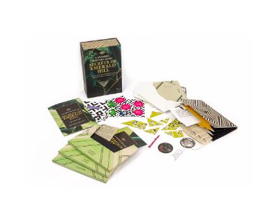 The Secrets of Emerald Hill by Professor Puzzle is an engaging game featuring a beautifully designed box. The game includes colorful cards, intriguing envelopes, and various game components laid out around the box, enhancing the explorer's adventure theme. Perfect for friends and family gatherings, it promises a fun and challenging experience.