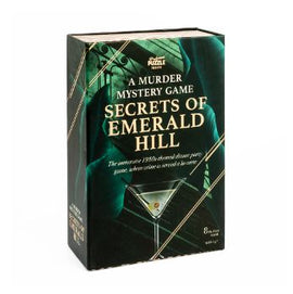 Secrets of Emerald Hill is a murder mystery board game by Professor Puzzle. The game box is elegantly designed with a green backdrop featuring a cocktail glass and mysterious silhouettes, emphasizing an immersive 1980s theme.