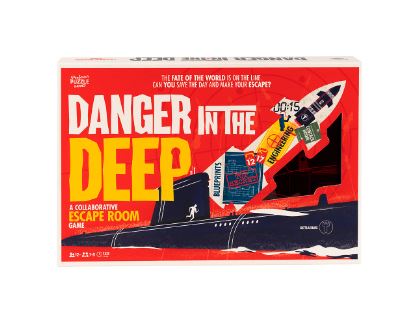 The box of the game 'Danger in the Deep' by Professor Puzzle, featuring bold graphics of a submarine and various escape room motifs. The title is prominently displayed in yellow and red letters, with images of maps, blueprints, and a countdown timer, emphasizing the cooperative and escapist elements of the game. The packaging hints at thrilling underwater adventures.