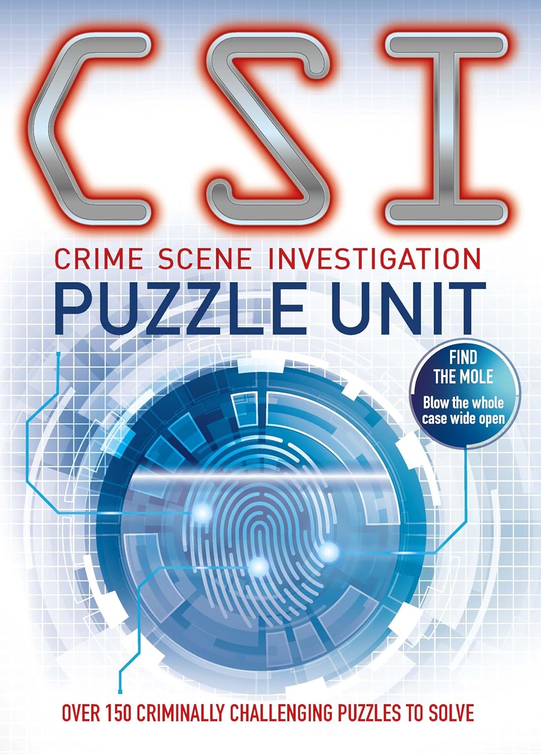 The 'Crime Scene Investigation Puzzle Unit' by Welbeck Publishing featuring a futuristic design with a fingerprint graphic and tech-inspired elements. The title is prominently displayed in bold colors, emphasizing the interactive nature of the puzzles. Over 150 challenging puzzles related to criminal investigations are included in this engaging and educational product.