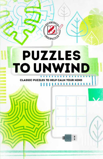 Puzzles to Unwind by Ingram features vibrant illustrations and text emphasizing classic puzzles designed to help calm the mind. The cover includes imagery of a maze, leaves, and abstract patterns, inviting users to explore stress-relief through puzzles.
