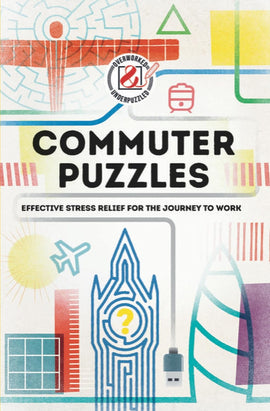 Commuter Puzzles by Ingram, featuring a vibrant cover with whimsical illustrations, promises effective stress relief during commutes. The design includes symbols like airplanes, buildings, and a question mark, emphasizing brain-teasing fun for busy individuals.