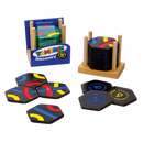 Tantrix Discovery mechanical puzzle set featuring colorful hexagonal tiles in blue, yellow, red, and black. The tiles are stacked on a wooden holder next to a blue box labeled 'Tantrix Discovery'. Each tile displays different numbers and patterns, inviting players to explore intricate designs and challenges.