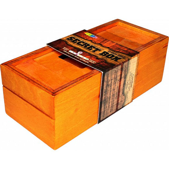 The Secret Opening Box by Puzzle Master is a beautifully crafted mechanical puzzle box made of wood, featuring a rich natural finish. It has two compartments and a sliding lid designed to enhance the challenge of discovering the hidden secret inside. The packaging highlights its intriguing design and encourages problem-solving skills for both adults and children.