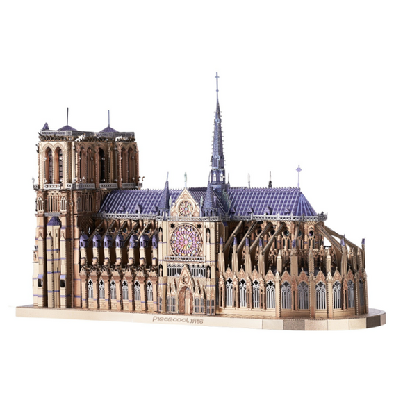 Detailed DIY model kit of Notre Dame de Paris by Piececool, showcasing intricate architecture including spires, stained glass windows, and ornate facades, perfect for enthusiasts and collectors.