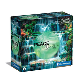 Clementoni's Peace Puzzle - The Flow, a 500-piece jigsaw puzzle featuring a serene waterfall scene surrounded by lush greenery, encouraging relaxation and mindfulness during assembly.