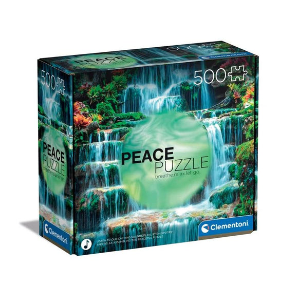 Clementoni's Peace Puzzle - The Flow, a 500-piece jigsaw puzzle featuring a serene waterfall scene surrounded by lush greenery, encouraging relaxation and mindfulness during assembly.