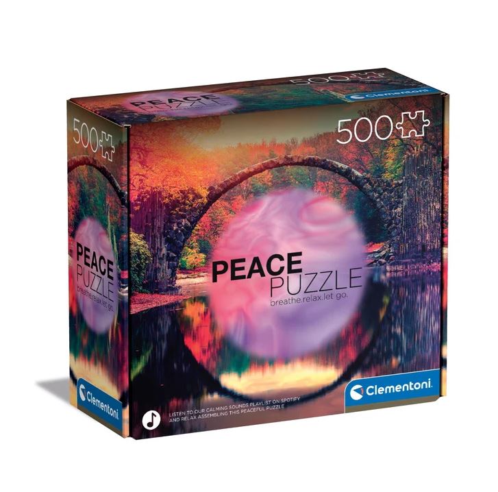 Clementoni Peace Puzzle - Mindful Reflection jigsaw puzzle box featuring a serene landscape with a colorful forest, a bridge over calm water, and the text 'breathe.relax.let go'. Contains 500 pieces designed for mindful reflection and relaxation.