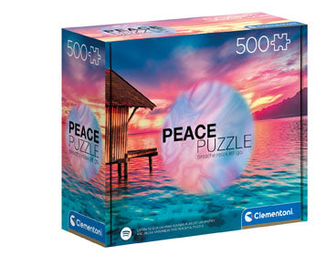 The product packaging for 'Peace Puzzle - The Ocean' by Clementoni, featuring a serene ocean sunset with vibrant colors. The box indicates this is a 500-piece jigsaw puzzle, ideal for relaxing leisure time.