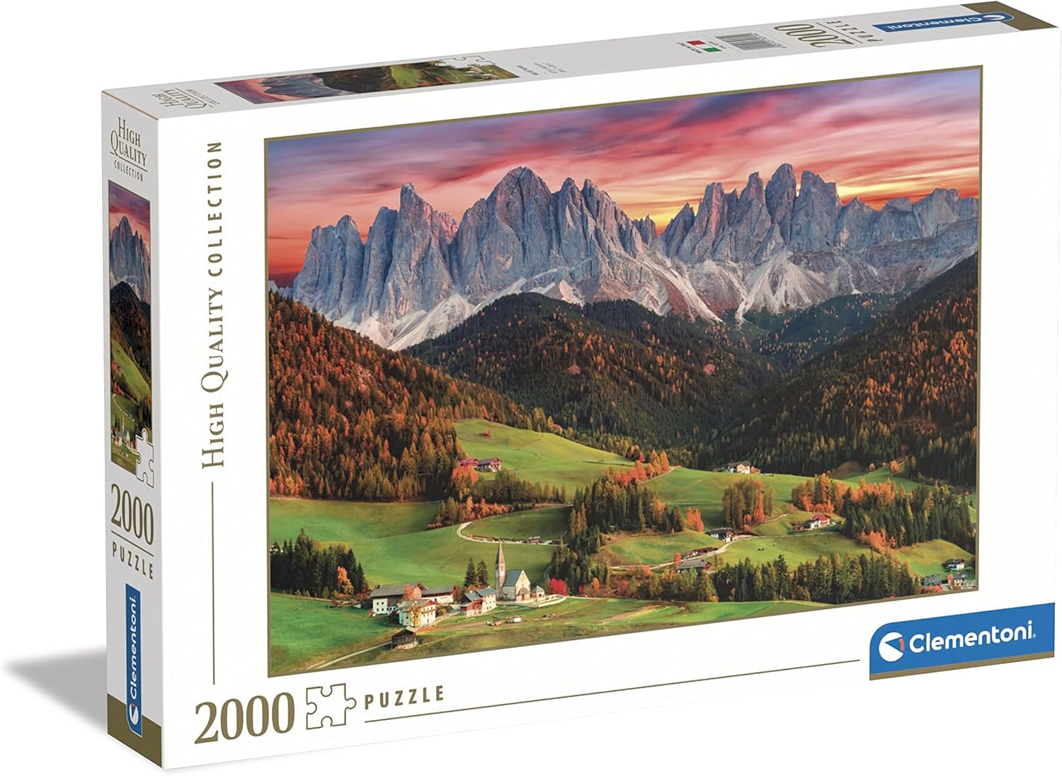 Clementoni Val di Funes 2000-piece jigsaw puzzle box showcasing a stunning landscape with mountains in the background, vibrant autumn foliage, and serene valleys. The packaging highlights high-quality collection.