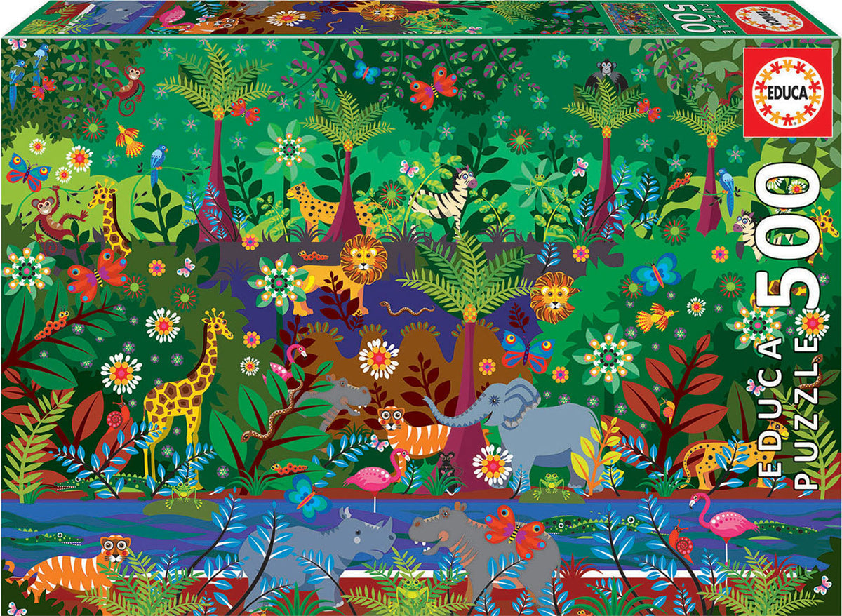 A vibrant jigsaw puzzle box titled 'JUNGLE' by Educa, featuring a colorful illustration of various jungle animals, including giraffes, lions, elephants, monkeys, and butterflies amidst lush greenery and flowers. The design is playful and engaging, perfect for puzzle enthusiasts of all ages.