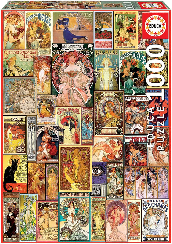 A colorful collage jigsaw puzzle featuring iconic Art Nouveau posters. The design includes vibrant illustrations of women and decorative elements from the Art Nouveau movement, showcasing various advertisements and artistic styles. Perfect for enthusiasts of vintage art and puzzle lovers, this 1000-piece jigsaw offers a delightful challenge and a beautiful display once completed.