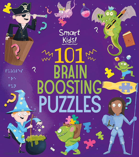 Colorful cover of 'Smart Kids 101 Brain Boosting Puzzles' featuring whimsical characters such as a pirate with a spyglass, a wizard with a cauldron, a dragon, and aliens, surrounded by puzzle pieces and question marks, all set against a vibrant purple background.