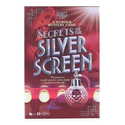 Silver Screen Murder Mystery game by Professor Puzzle, featuring a glamorous vintage design with a sparkling potion bottle and the title 'Secrets of the Silver Screen'. This immersive murder mystery game invites players to solve a thrilling storyline set in the world of classic cinema, complete with rich visuals and engaging gameplay for 2 to 8 players aged 14 and above.