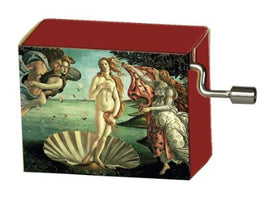 A colorful musical box featuring Botticelli's 'Birth of Venus' artwork. The box depicts Venus standing on a shell, surrounded by mythological figures, with a winding mechanism on the side.