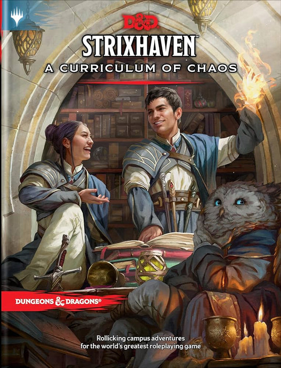 Cover of D&D Strixhaven: A Curriculum of Chaos, featuring two smiling characters in robes, magical elements, and a cute owl-like creature in a cozy library setting. The cover showcases vibrant artwork representative of adventurous storytelling in tabletop role-playing games.
