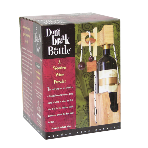 Don't Break the Bottle Original by Family Games Inc. is a mechanical puzzle designed for wine enthusiasts. The packaging showcases the unique wooden design featuring a wine bottle locked inside the puzzle, accompanied by playful graphics. Ideal for dinner parties, this engaging puzzle challenges players to release the hidden bottle without breaking it, making it a perfect gift or conversation starter.