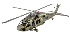 A highly detailed metal model of a Black Hawk helicopter, designed as a DIY kit by Fascinations. The model features realistic detailing, including rotor blades and a textured surface, showcasing the intricate design that's perfect for hobbyists and collectors.