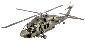 A highly detailed metal model of a Black Hawk helicopter, designed as a DIY kit by Fascinations. The model features realistic detailing, including rotor blades and a textured surface, showcasing the intricate design that's perfect for hobbyists and collectors.