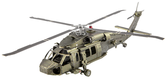 A highly detailed metal model of a Black Hawk helicopter, designed as a DIY kit by Fascinations. The model features realistic detailing, including rotor blades and a textured surface, showcasing the intricate design that's perfect for hobbyists and collectors.