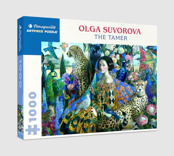 The Tamer jigsaw puzzle by Olga Suvorova, featuring a vibrant and intricate design with various animals including leopards, peacocks, and lush flowers. The box displays the title and the artist's name against a colorful backdrop.