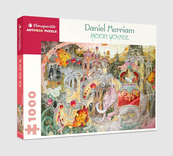 Moon Voyage jigsaw puzzle by Daniel Merriam, featuring a vibrant and whimsical illustration of surreal landscapes, colorful butterflies, and intricate architecture. The puzzle includes 1000 pieces and showcases artistic details and a dreamlike atmosphere, perfect for puzzle enthusiasts and art lovers alike.