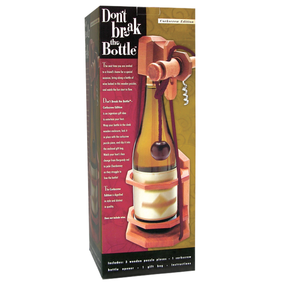 Don't Break the Bottle Corkscrew by Family Games Inc. is a unique mechanical puzzle designed to engage players. It features a wooden corkscrew mechanism that challenges users to remove the cork without breaking the bottle. The product packaging showcases the corkscrew alongside an elegant bottle, emphasizing its playful design and intricate construction. Suitable for gatherings and parties, this game combines skill and fun for all ages.
