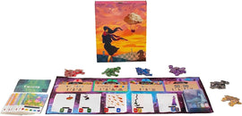 Canvas by Road to Infamy is a visually striking game that combines artistry and strategy. The game box features a vibrant cover with a woman in a flowing dress against a sunset backdrop. The components displayed include cards, tokens, and a colorful play mat, all designed to enhance the gameplay experience. Perfect for game nights with friends or family, this game encourages creativity and fun.