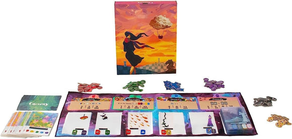 Canvas by Road to Infamy is a visually striking game that combines artistry and strategy. The game box features a vibrant cover with a woman in a flowing dress against a sunset backdrop. The components displayed include cards, tokens, and a colorful play mat, all designed to enhance the gameplay experience. Perfect for game nights with friends or family, this game encourages creativity and fun.