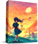 A vibrant box art featuring a girl holding a palette and standing in a colorful landscape with a sunset and whimsical elements like hot air balloons and chess pieces. The artistic style is bold and imaginative, inviting players into a world of creativity and adventure.