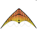 The Zoomer 2.0 Warm Kite by PREMIER Kites features a vibrant yellow and orange gradient design resembling flames, with a sleek aerodynamic shape and connected strings for flying.