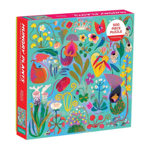 A colorful packaging of the Hungry Plants jigsaw puzzle by Galison. The box showcases a vibrant illustration of various plants and flowers, featuring 500 pieces. The design is playful and eye-catching, perfect for puzzle enthusiasts and nature lovers alike.