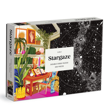 Stargaze 500 Piece Double Side Jigsaw Puzzle by Galison, featuring vibrant illustrations on both sides, including a cozy interior scene and a starry night sky. The puzzle is designed for adults and older children, offering a fun and engaging challenge.