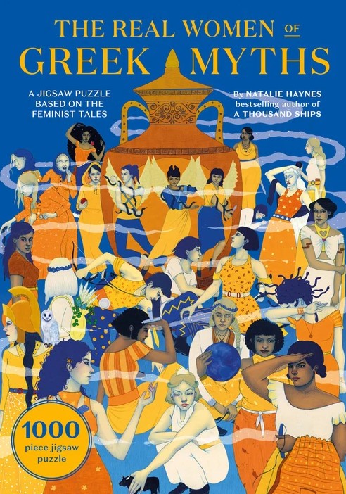 A colorful jigsaw puzzle titled 'The Real Women of Greek Myths' featuring various female characters from Greek mythology. The artwork showcases vibrant illustrations of women interacting against a blue background, drawing inspiration from feminist narratives. This 1000-piece puzzle is published by Laurence King Publishing, appealing to mythology enthusiasts and puzzle lovers alike.