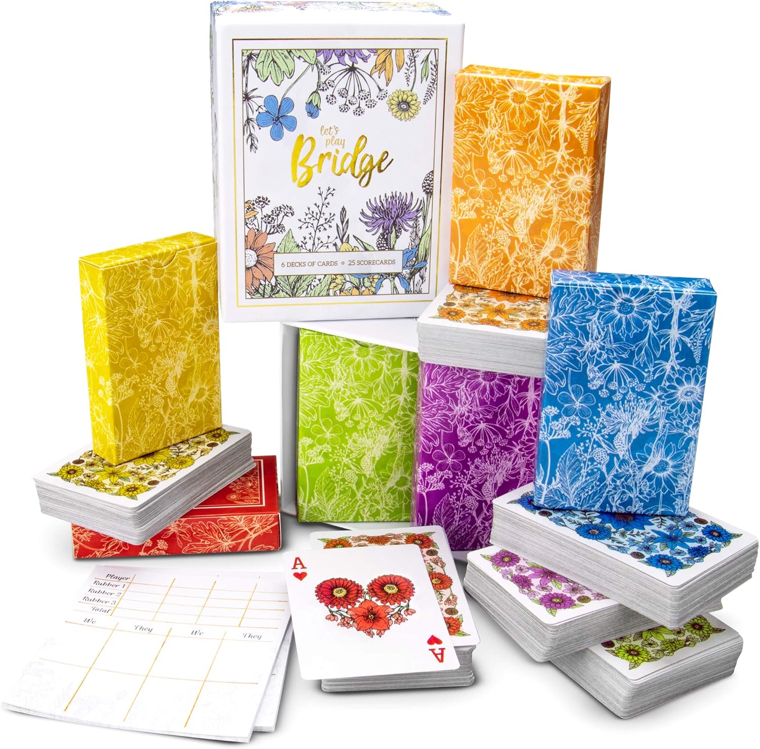 Let's Play Bridge game set by Brybelly, featuring six beautifully designed decks of playing cards in vibrant colors and 25 scorecards. The card boxes are adorned with colorful floral patterns, making it a stylish addition to your game nights.