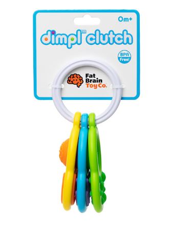 Dimpl Clutch by Fat Brain Toy Co. is a colorful sensory toy designed for infants. It features a ring with various textured buttons in vibrant colors, promoting tactile exploration and fine motor skills development. The product is made from BPA-free materials and is suitable for ages 0 months and up.