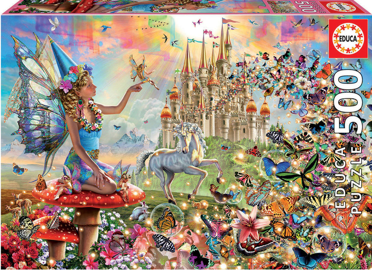 Educa Fairy & Butterflies jigsaw puzzle featuring a whimsical scene with a fairy on a mushroom, surrounded by butterflies, a unicorn, and a fairytale castle in the background. The artwork is vibrant and enchanting, perfect for puzzle lovers.