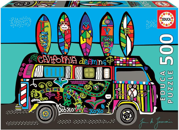 California Dreaming jigsaw puzzle by Educa featuring a vibrant, colorful design of a retro van with surfboards on top. The artwork includes playful shapes and patterns, embodying the spirit of California beach culture. The puzzle contains 500 pieces, perfect for adults and older children.