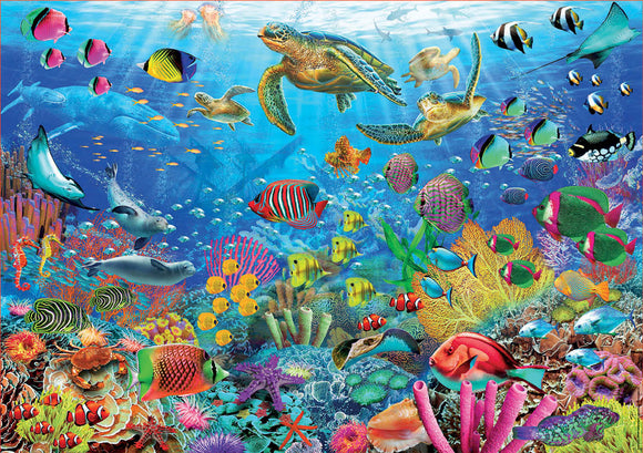 A colorful jigsaw puzzle featuring an underwater scene filled with tropical turtles, vibrant fish, and coral reefs in a clear blue ocean. The image captures a lively marine ecosystem with various species, including dolphins and sea turtles, providing an engaging and immersive jigsaw experience.
