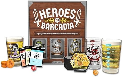 Heroes of Barcadia game set by ROllacrit Corp. The image features the game box adorned with colorful graphics, four character glasses filled with drinks, a variety of player cards, and tokens, set against a wooden backdrop. Perfect for entertaining gatherings and exploring dungeons while enjoying drinks.