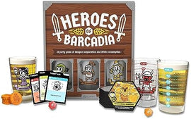 Heroes of Barcadia game set by ROllacrit Corp. The image features the game box adorned with colorful graphics, four character glasses filled with drinks, a variety of player cards, and tokens, set against a wooden backdrop. Perfect for entertaining gatherings and exploring dungeons while enjoying drinks.