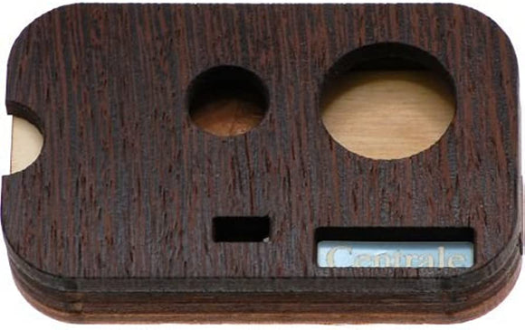 Centrale Coin Puzzle by Jean-Claude Constantin, a mechanical puzzle crafted from dark wood. It features circular holes and slots for sliding coins. The intricate design challenges users to solve the puzzle by maneuvering coins through the holes.