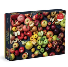 A 1000-piece jigsaw puzzle titled 'Heirloom Apples' by Galison, featuring a vibrant and colorful display of various heirloom apple varieties on a dark surface.