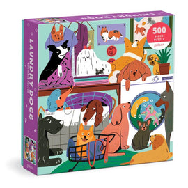 The 'Laundry Dogs' jigsaw puzzle by Galison features a colorful and playful illustration of various dogs in a laundry room setting. The puzzle consists of 500 pieces and showcases adorable dog breeds engaging in different activities around a washing machine, complete with vibrant colors and whimsical details.