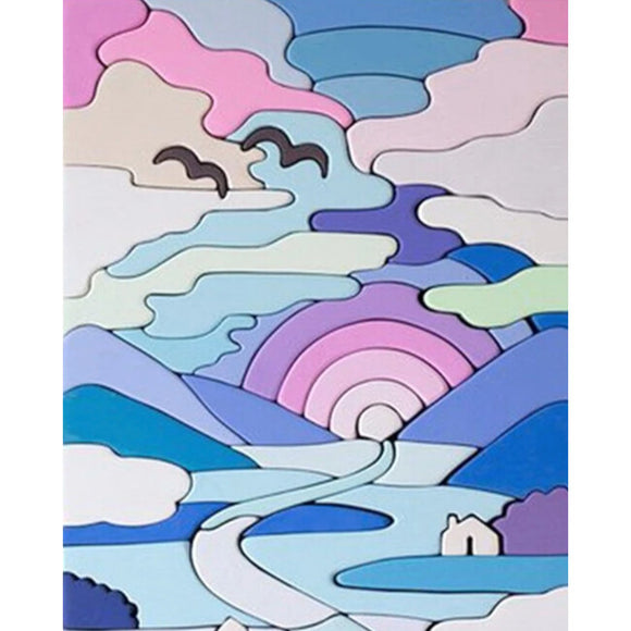 A colorful jigsaw puzzle titled 'Puzzle Sunset' by Eguchi Toys, featuring a serene landscape with rolling hills, a winding river, and a vibrant sunset. The puzzle pieces showcase pastel colors, including pinks, blues, and greens, with clouds and flying birds enhancing the charming scenery.