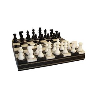 Alabaster chess set featuring elegantly carved pieces in contrasting white and black hues. The chessboard is also crafted from smooth alabaster, showcasing a classic checkered design. Ideal for both display and competitive play, it enhances any game collection or enhances décor.